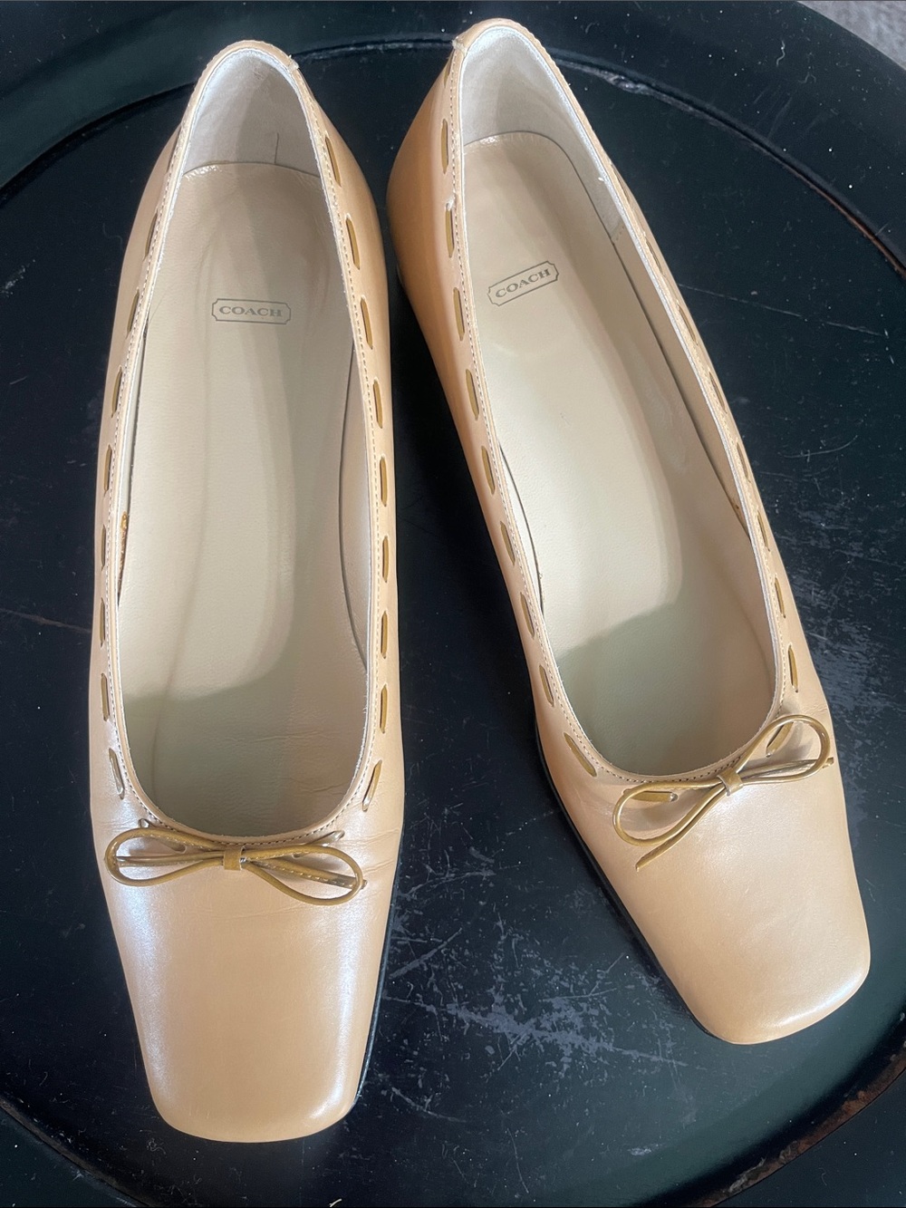 Coach Carrie Women's Leather Square-Toe Ballet Flats with Bow Made in Italy